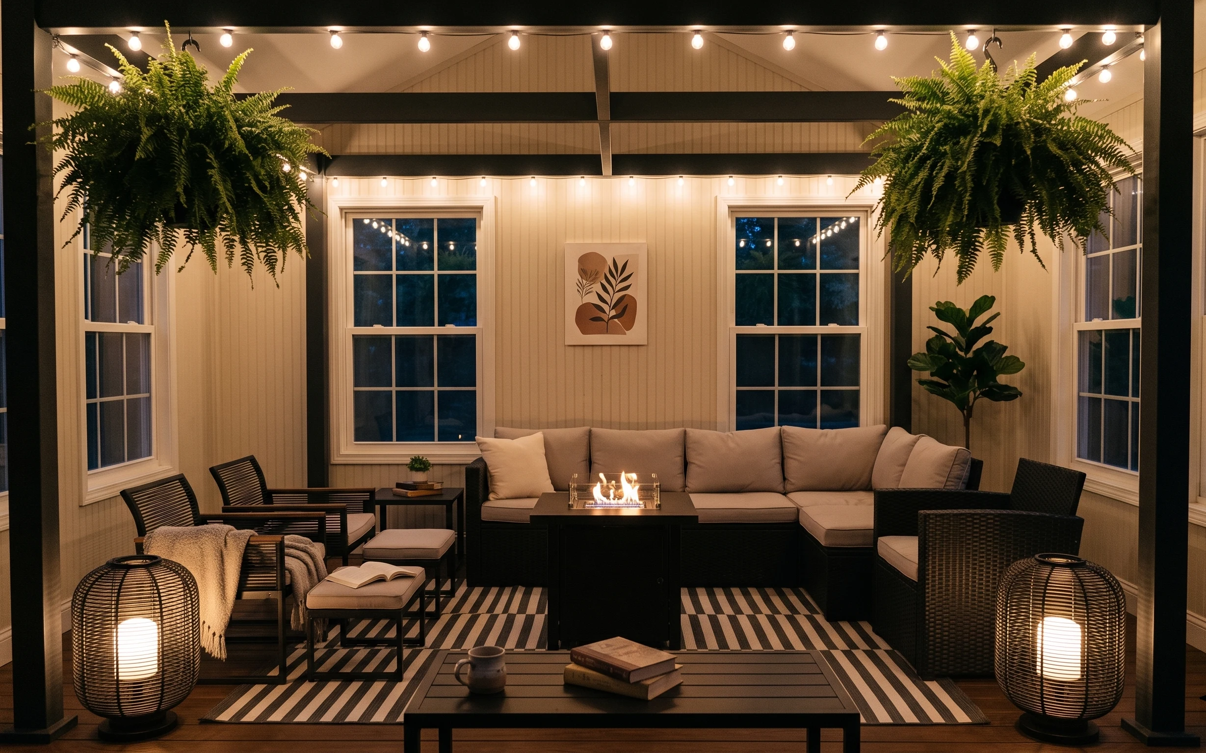 Warm covered patio lounge with striped rug, beige sofa cushions, string lights, framed botanical print, and ferns