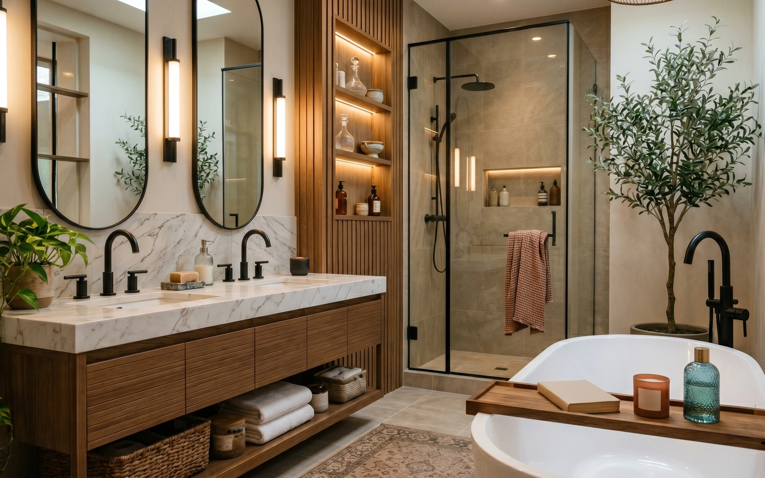 Warm bathroom vanity wall with oval mirrors, marble-look counter, wood tray, patterned rug, and potted leafy plant
