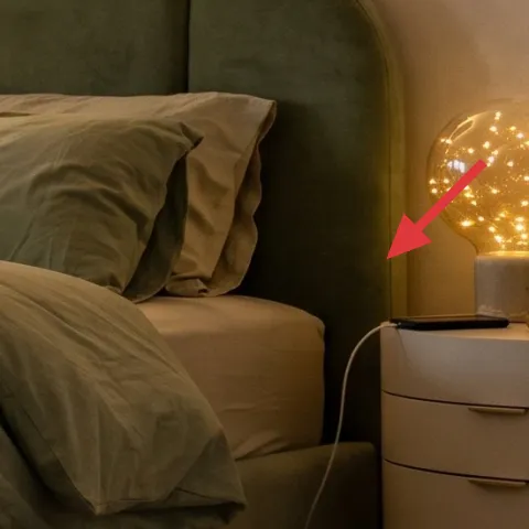 plug-in glass globe table lamp on right