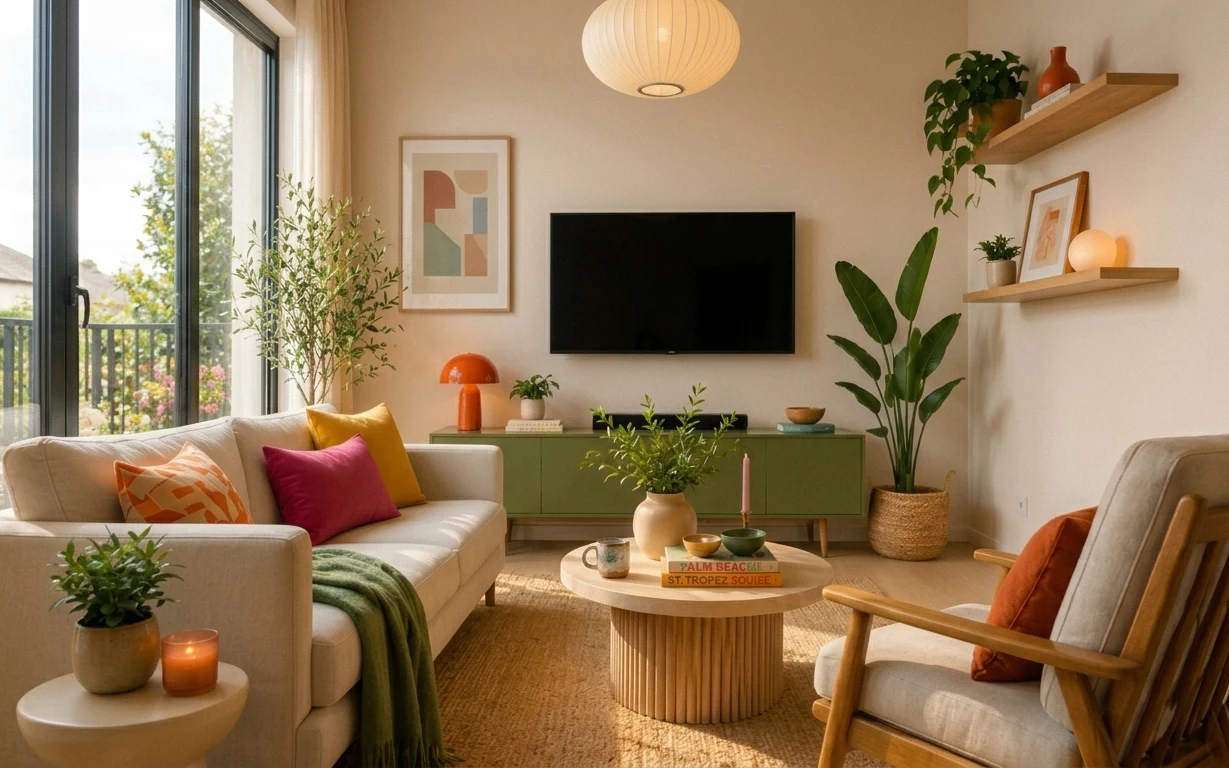 Cream-sofa japandi living room featuring a jute-look area rug, sheer window panels, and a terracotta jar candle styled on the coffee table