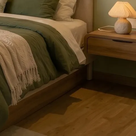 table lamp on right nightstand