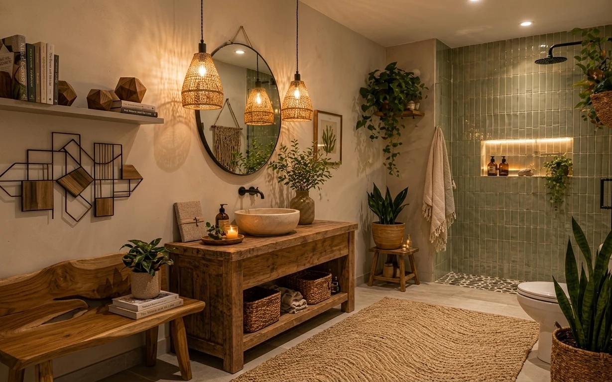 Renter-friendly bathroom corner: green tiled shower, warm wood vanity, round mirror, fabric shower curtain, leafy plant, and a plush bath rug