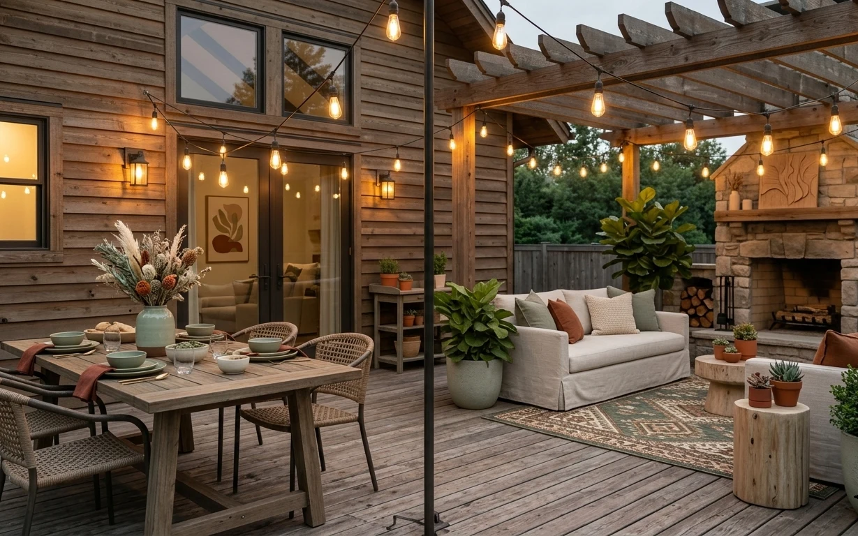 Warm farmhouse patio seating with a patterned outdoor rug, neutral sofa, overhead string lights, and terracotta and ceramic pots near a stone fireplace