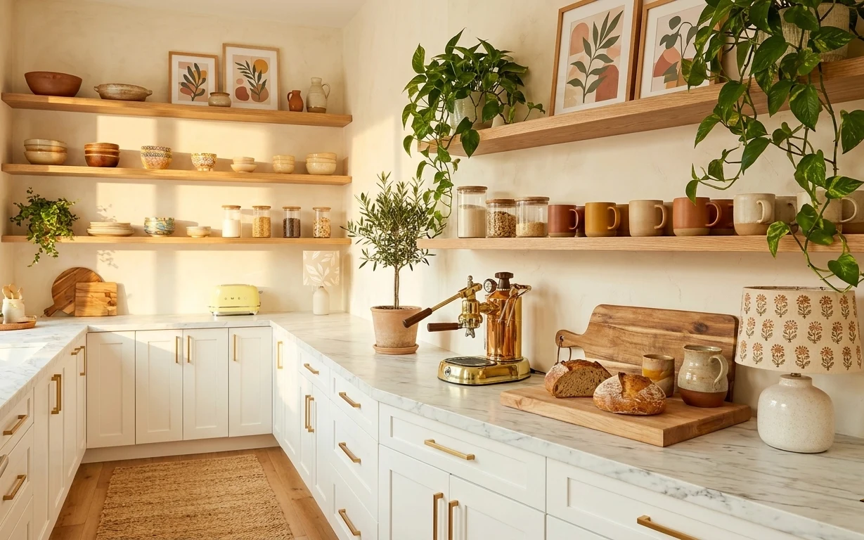 Sunny kitchen corner with a marble-look counter, open wood shelving, a brass faucet, potted greenery, ceramic jars, and a wood cutting board