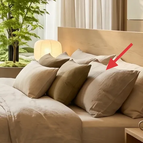 bed pillows (mix of beige tones)
