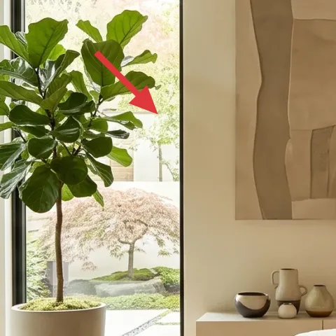 tall potted plant with broad leaves on the window ledge